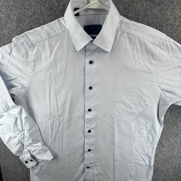 David Donahue 16.5 34/35 Trim Cotton Geometric Blue Shirt Long Sleeve Button Up - Picture 2 of 13